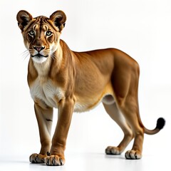 Obraz premium Brown lioness stands isolated against white background. Strong animal posture indicates alertness, readiness. Wild predator in natural habitat. Possible usage includes wildlife documentaries, African