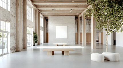 Fototapeta premium Minimalist light wood modern gallery interior