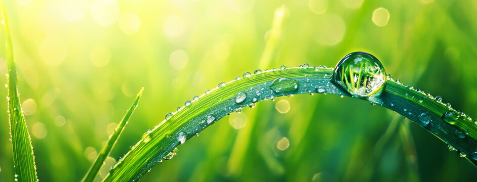 Beautiful green grass with water drops reflecting sunlight in the morning