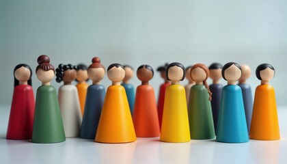 Diverse group of colorful figurines stand in row. Representing unity, equal opportunity in supportive workplace. Inclusive policies promote workforce advocacy. Colorful figures symbolize diversity