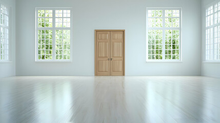 Empty room, wooden door, large windows, sunlight, home interior design