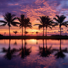 Serene Sunset Over Tranquil Waters Framed by Gently Swaying Palm Silhouettes in a Tropical Retreat