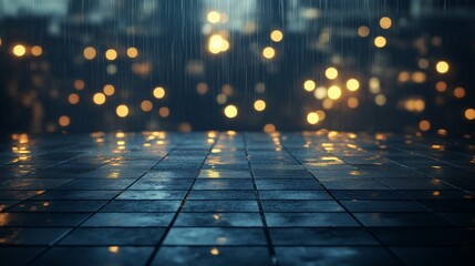 Naklejka premium Evening rain falls on city streets, creating reflections and atmospheric ambience in urban environment