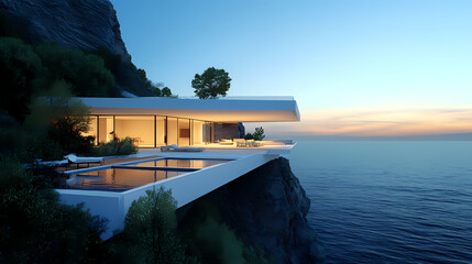 A modern, white house with a pool, perched on a cliff overlooking the ocean at dusk. Twilight Cliff. Illustration