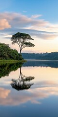 A tree is reflected in the water of a lake. The sky is blue and the sun is setting