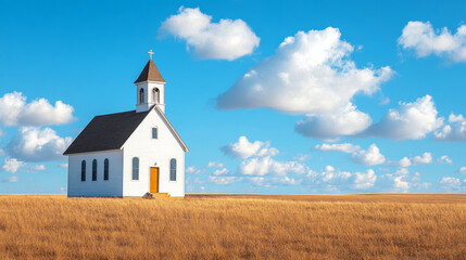 Fototapeta premium White country church standing in grass field under cloudy blue sky