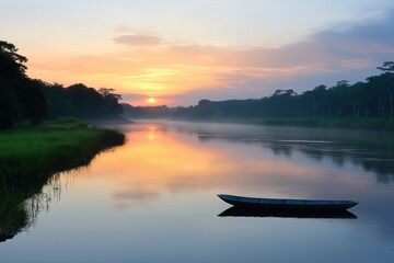 Fototapeta premium A boat is floating on a river with a beautiful sunset in the background. The water is calm and the sky is filled with orange and pink hues