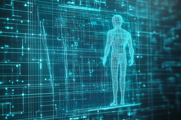 Abstract glowing wireframe of a digital artist painting, showcasing creativity and innovation in modern digital artistry