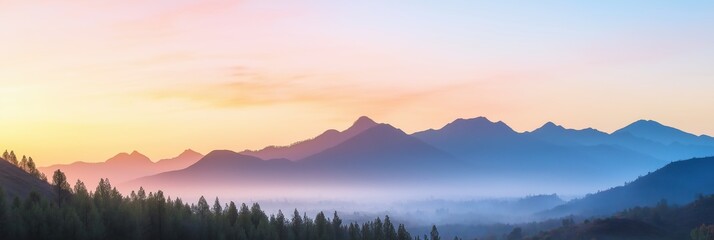 A beautiful mountain range with a pink and orange sky in the background. The mountains are covered in trees and the sky is filled with clouds. The scene is peaceful and serene, with the mountains