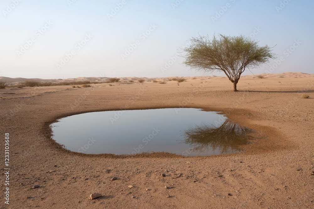 Poster a small pond in the desert with a tree in the background. concept of solitude and tranquility in the