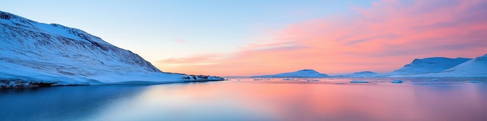A beautiful, serene landscape with a calm lake and a pink sky. The sky is filled with clouds, and the sun is setting, creating a warm and peaceful atmosphere. The scene is perfect for relaxation