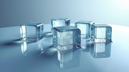 Stack of transparent ice cubes melting on a reflective surface with water droplets	