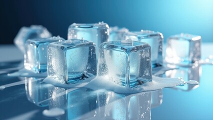 Stack of transparent ice cubes melting on a reflective surface with water droplets	
