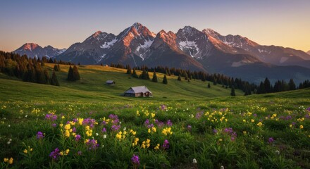 Fototapeta premium Alpine Meadow Sunset Landscape with Mountain Cabin