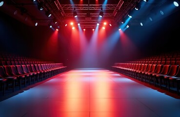 Empty runway under colorful spotlights in fashion show venue. Rows of red chairs await models. Fashion event ready for glamorous show. Stylish, empty fashion show catwalk. Show venue in artistic