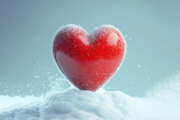 Fototapeta premium red heart in snow on a light blue background, love symbol concept