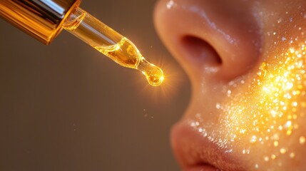 Close-up of serum dropper releasing product onto glowing skin.