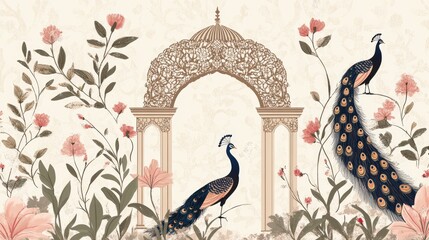 Illustration of a Mughal garden arch with plants and peacocks designed in a traditional Islamic vector pattern for invitations