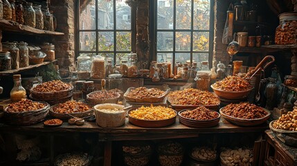 Dried herbs, spices, ingredients on apothecary table by autumn window