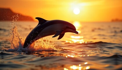 Fototapeta premium Graceful dolphin leaps at sunset. Water droplets splash around playful animal. Golden sunset behind. Ocean scene tranquil, majestic. Nature beautiful, captivating. Ocean wildlife photo. Exotic beauty