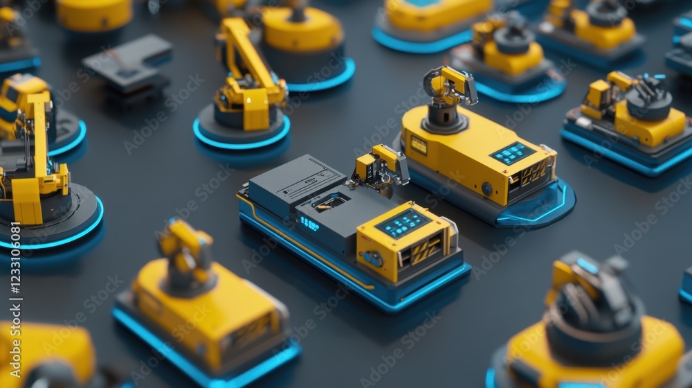 Poster a d render of an automated factory floor on a dark gray background.