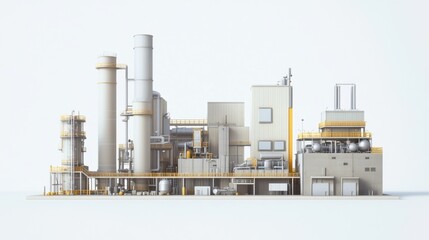 A D render of a futuristic clean energy factory on a smooth white background.