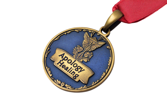 A Beautifully Minted Medal Featuring the Word Apology in a Gesture of Remembrance Isolated on Transparent Background.