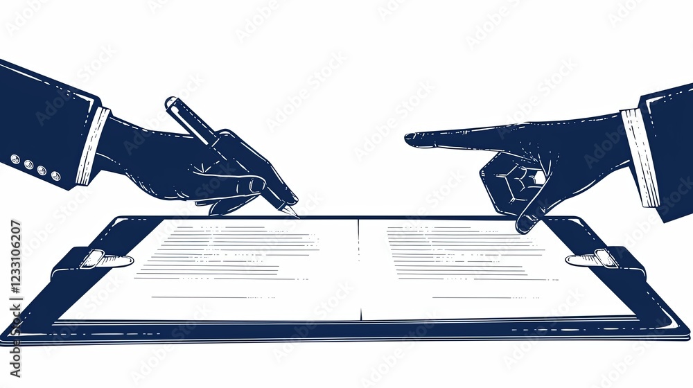 Poster illustration of hands signing a document on a tablet in a formal setting