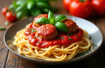 Delicious Italian spaghetti dish with meatballs in tomato sauce. Fresh pasta covered in rich red sauce. Three meatballs on top of pasta. Fresh basil garnish. Dish served on plate. Appetizing, healthy