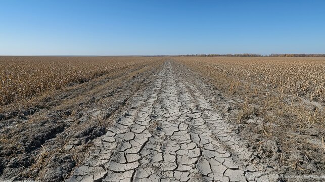 Dry cracked dirt road through harvested field, distant trees, clear sky