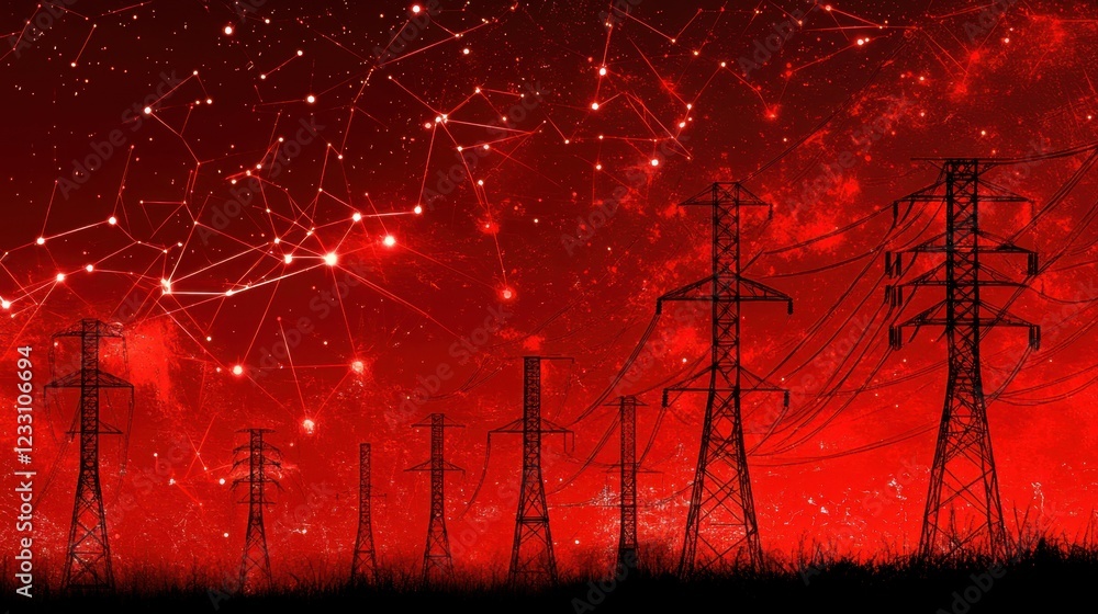 Poster a concept image of a futuristic power distribution network on a neon red background.