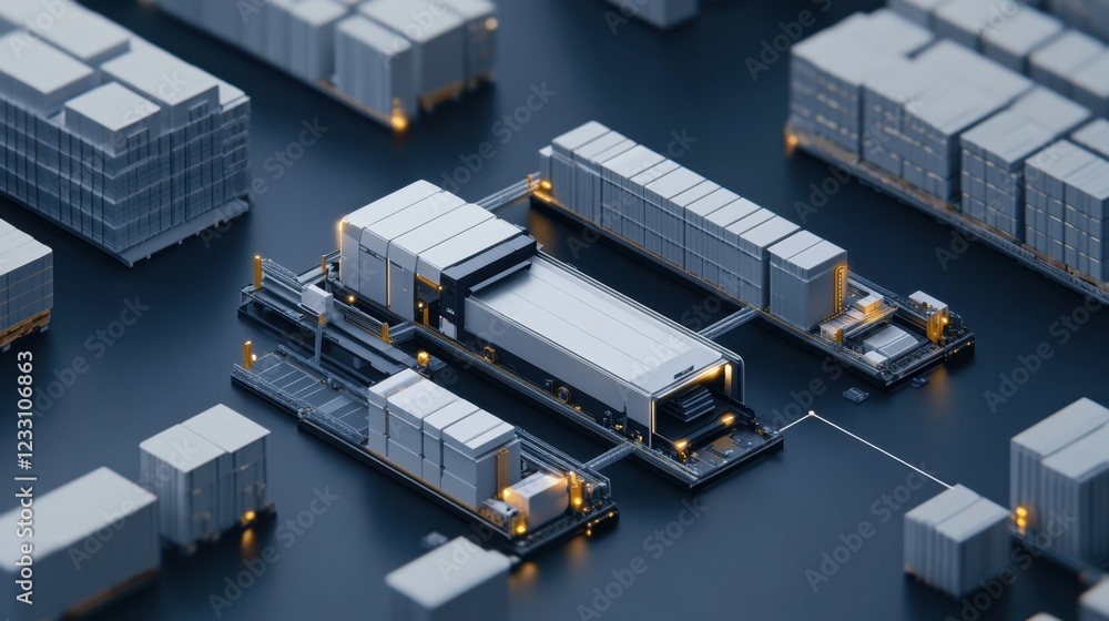 Poster A digital rendering of a futuristic automated warehouse system on a dark navy background.