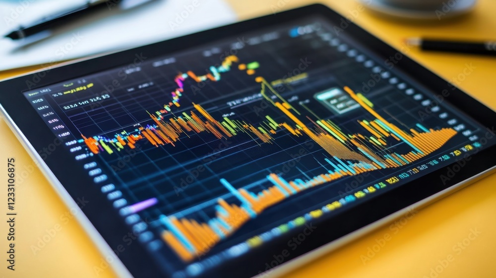 Poster A digital tablet displaying stock market data on a soft yellow background.