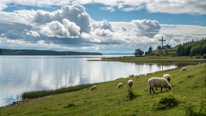Obraz premium Fluffy white clouds float above a tranquil lake with sheep grazing on the shore and a subtle outline of a cross visible in the distance, idyllic, lake, water, shore, rural