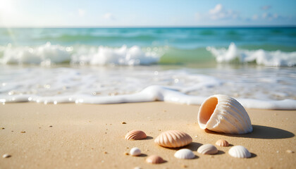 Obraz premium Seashells on sandy beach with gentle waves, Ocean Waves, World Water Day