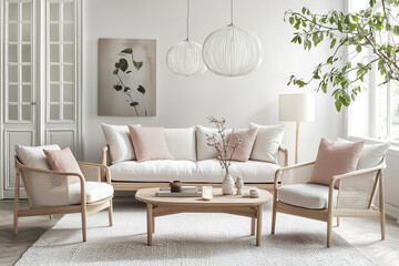Living room interior, Home interior, Nordic-inspired living room featuring pale oak furniture, white walls, and soft pastel accents in cushions and decor. Indoor plants add freshness. light pink
