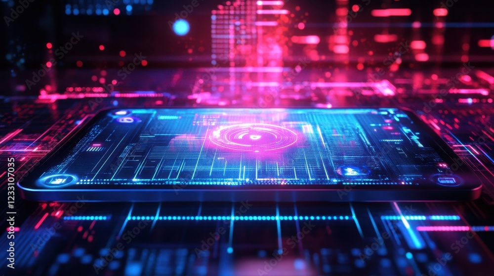 Poster a floating holographic tablet with augmented reality icons on a glowing dark background.