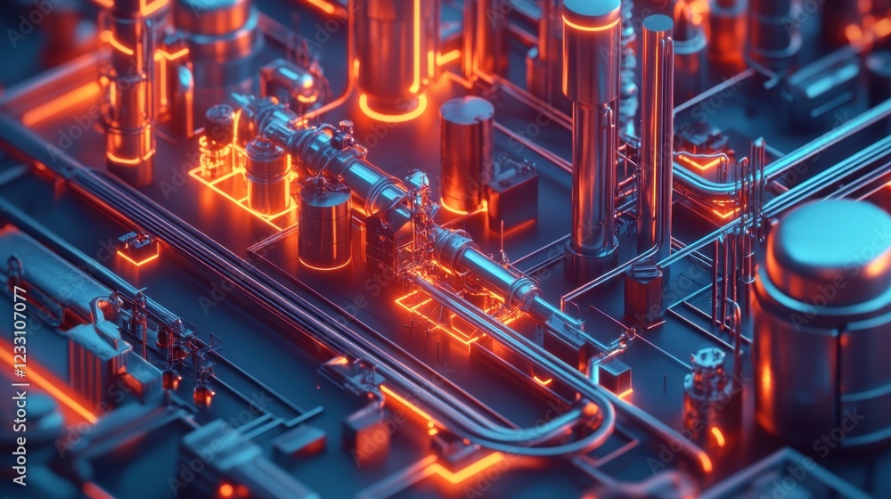 Aufkleber a futuristic d rendering of a chemical factory with glowing pipelines on a deep red background.