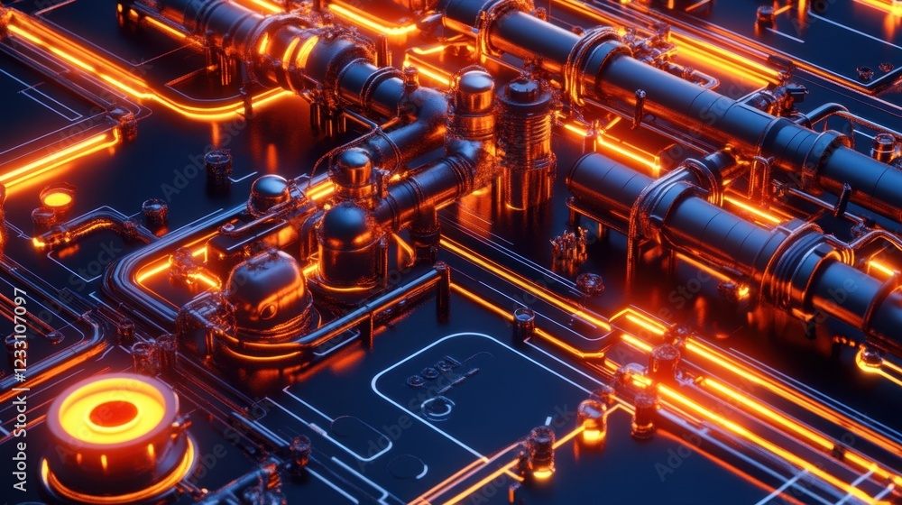 Aufkleber a futuristic d rendering of a chemical factory with glowing pipelines on a deep red background.