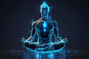 Glowing wireframe of a human body in a meditative pose, representing spirituality and technology fusion