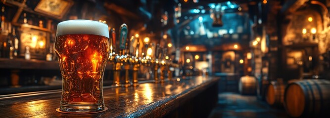 Cozy pub interior with glowing brass taps and a pint of beer on the bar