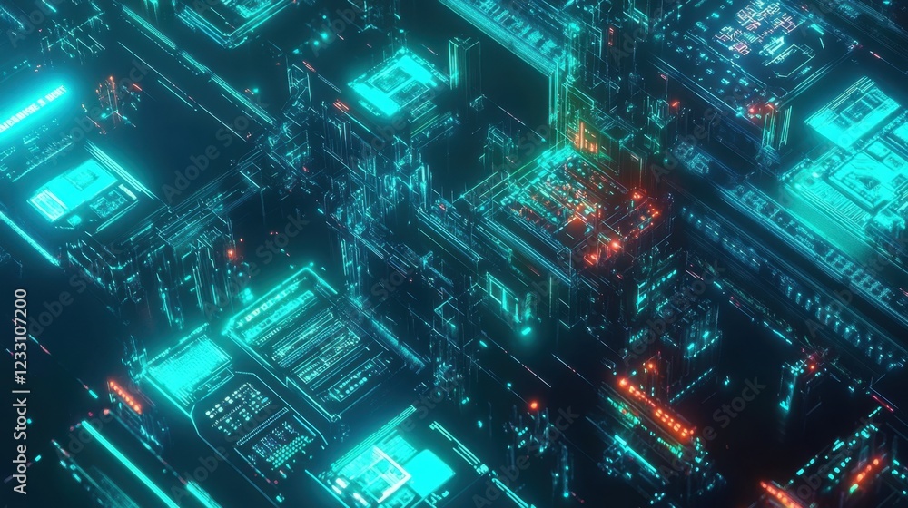 Poster a futuristic ai-driven electronics factory with holographic interfaces on a neon cyan background.