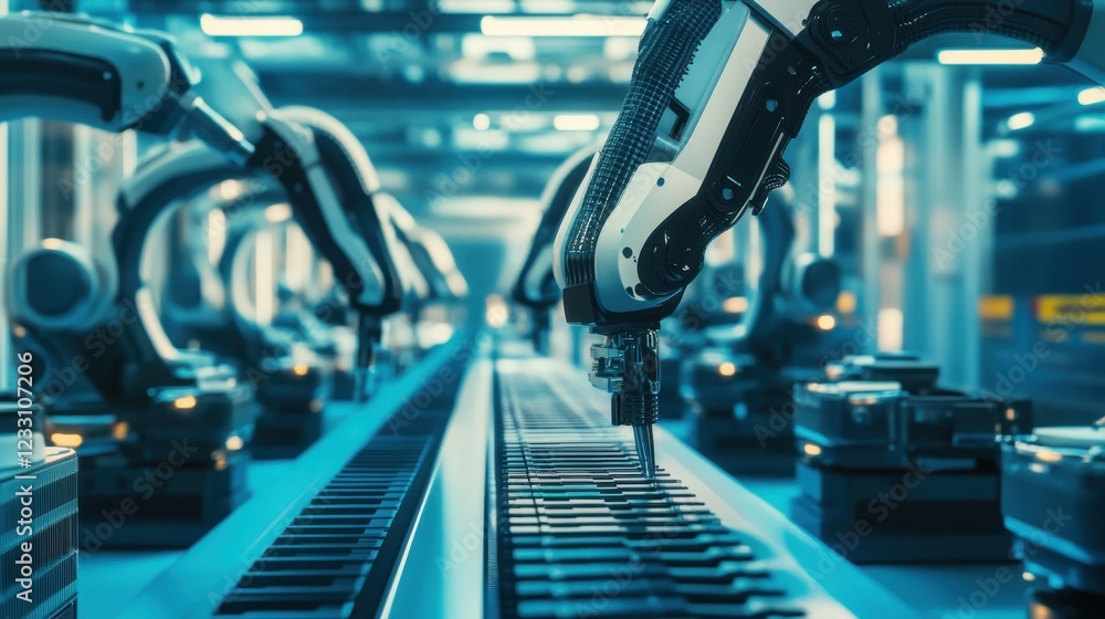 Poster a futuristic ai-powered assembly line with automated machinery on a cyber blue background.