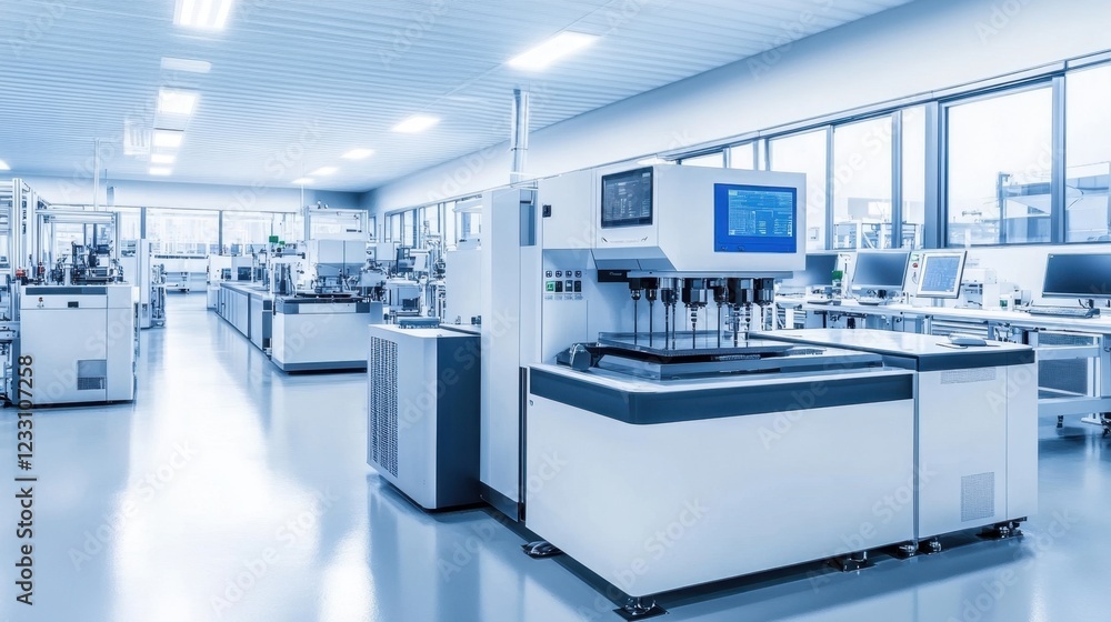 Poster a futuristic automated quality inspection station inside a smart factory on a soft white background.