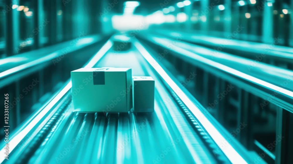 Poster a futuristic automated warehouse machine sorting packages on a bright cyan background.