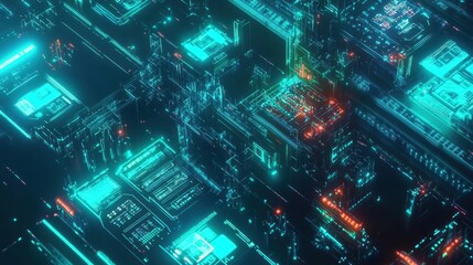 Fototapeta premium A futuristic AI-driven electronics factory with holographic interfaces on a neon cyan background.