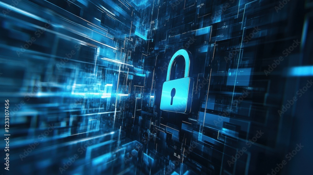 Poster a futuristic data security concept with a digital lock on a high-tech blue background.