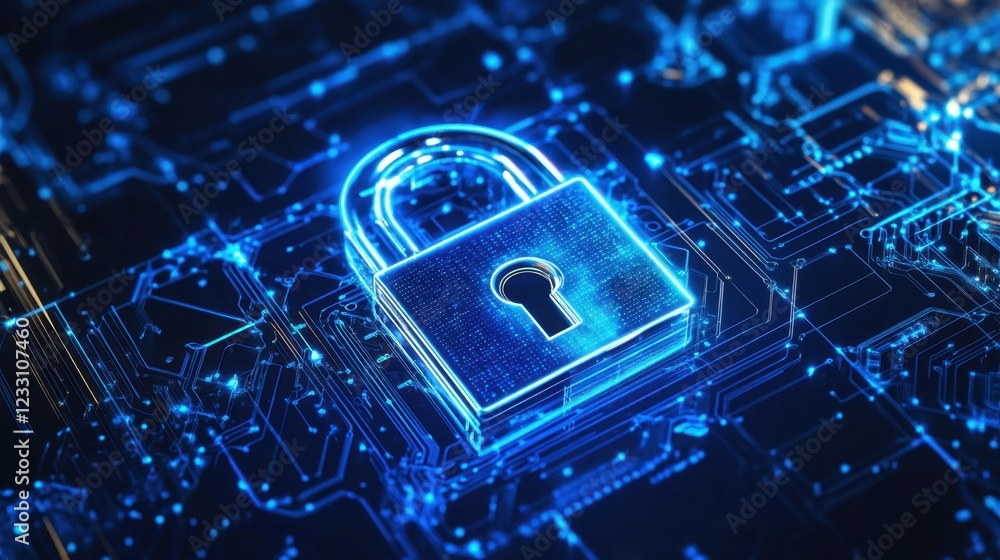 Poster a futuristic data security concept with a digital lock on a high-tech blue background.