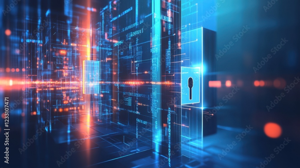 Poster a futuristic data security concept with a digital lock on a high-tech blue background.