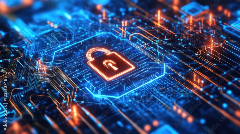 Poster a futuristic data security concept with a digital lock on a high-tech blue background.